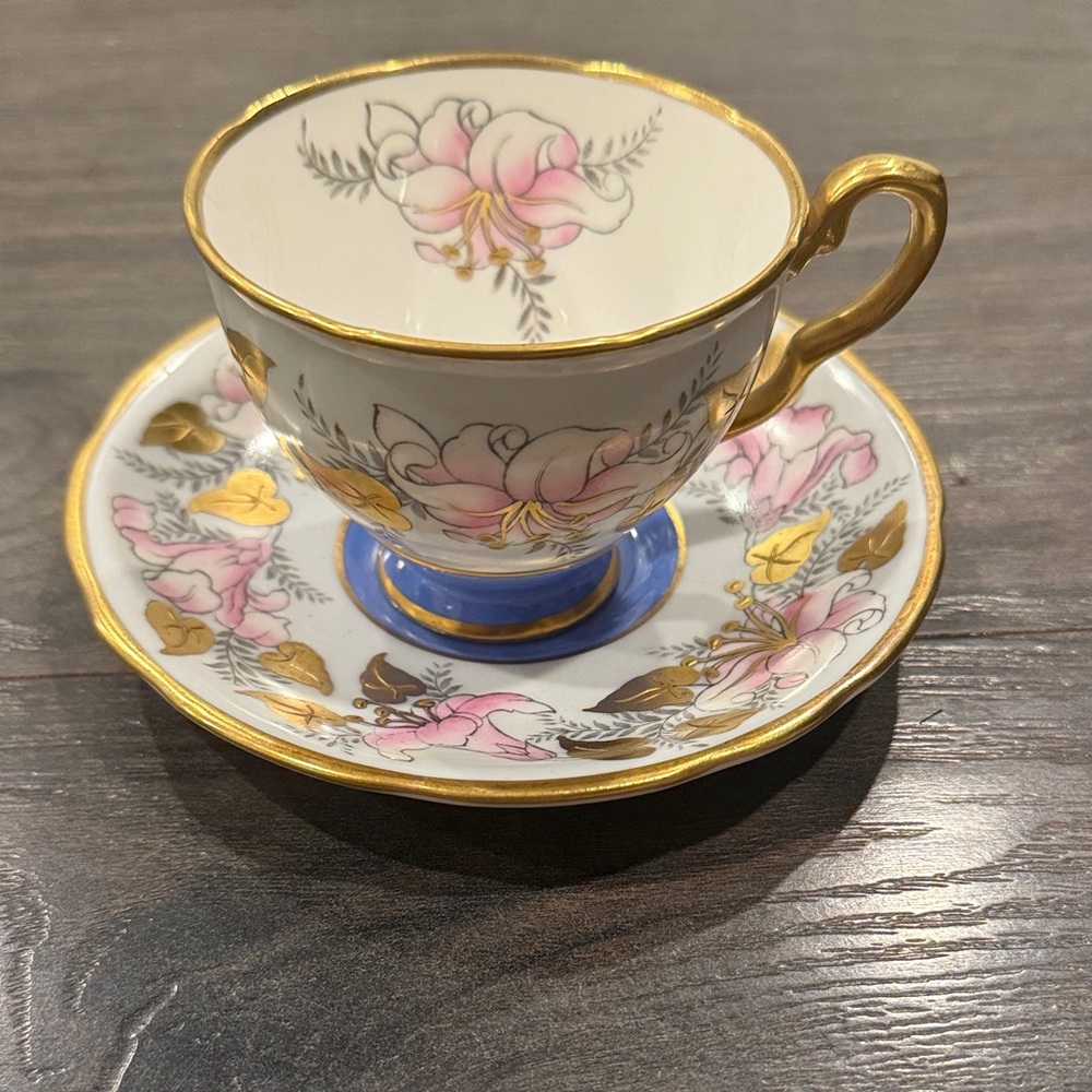 Floral Teacup and Saucer with Gold Accents